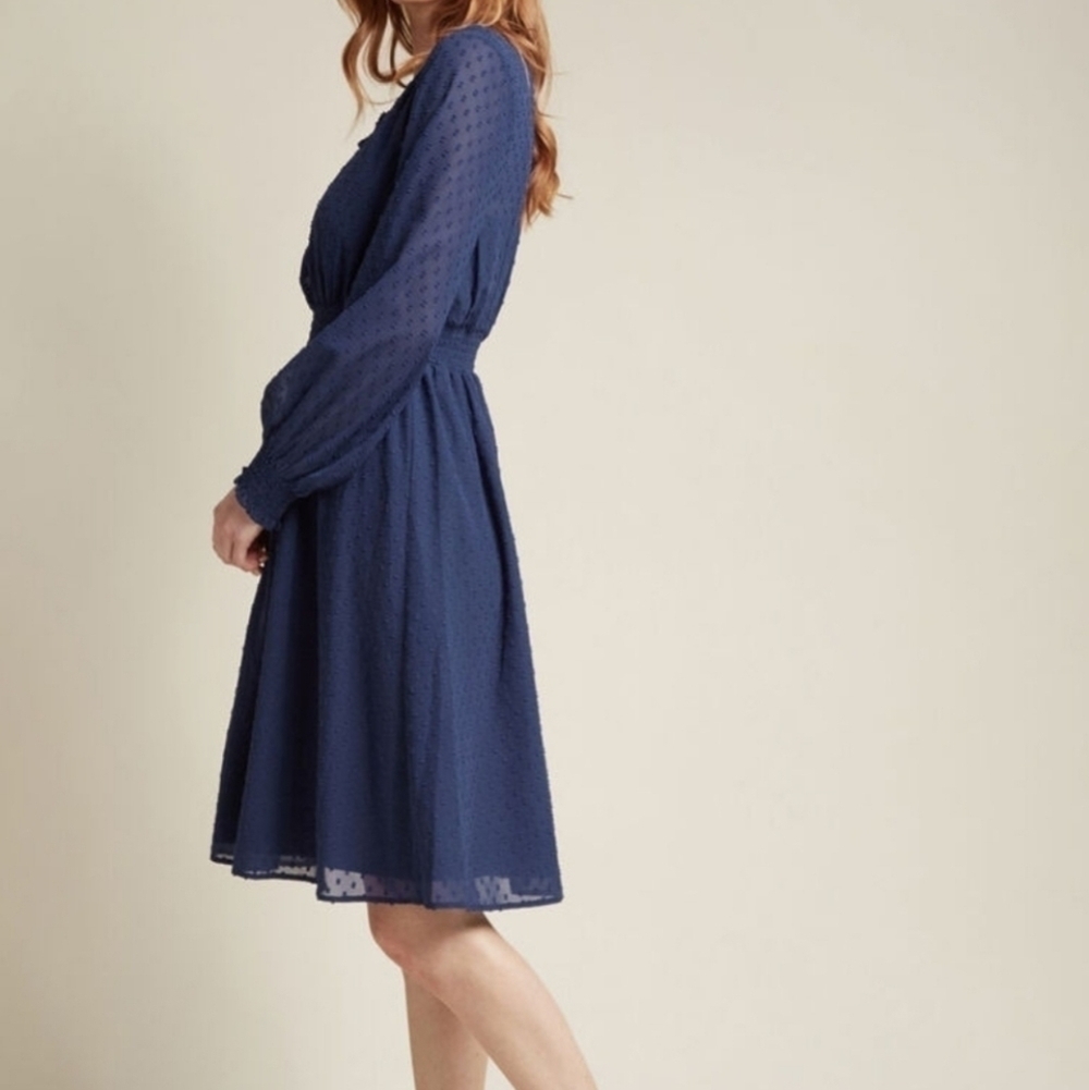 Modcloth blue clip dot long sleeve Midi dress Boho Bohemian Romantic  Flirty - Picture 2 of 8